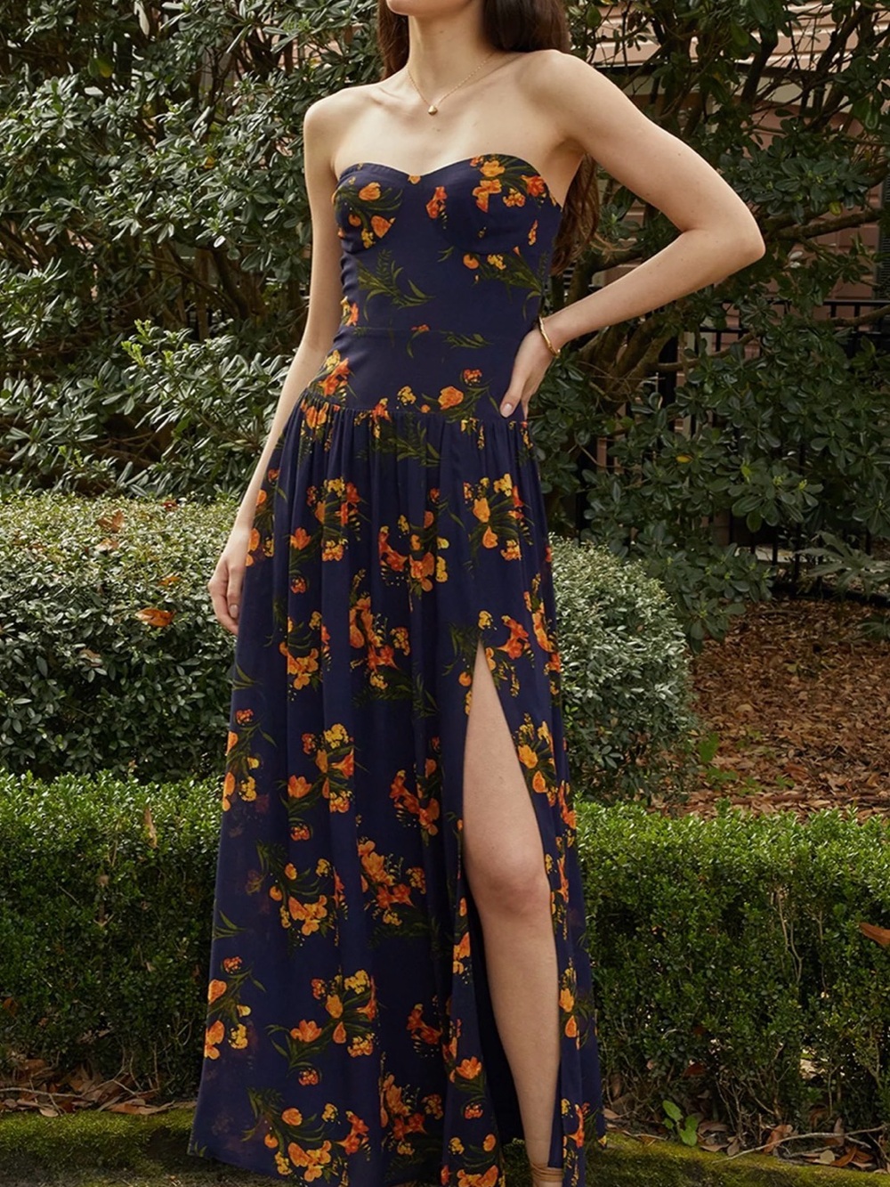 Strapless Navy Floral Maxi Dress with Side Slit